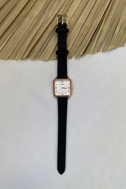 Elegant Rose Gold Square Watch with White Dial and Black Strap