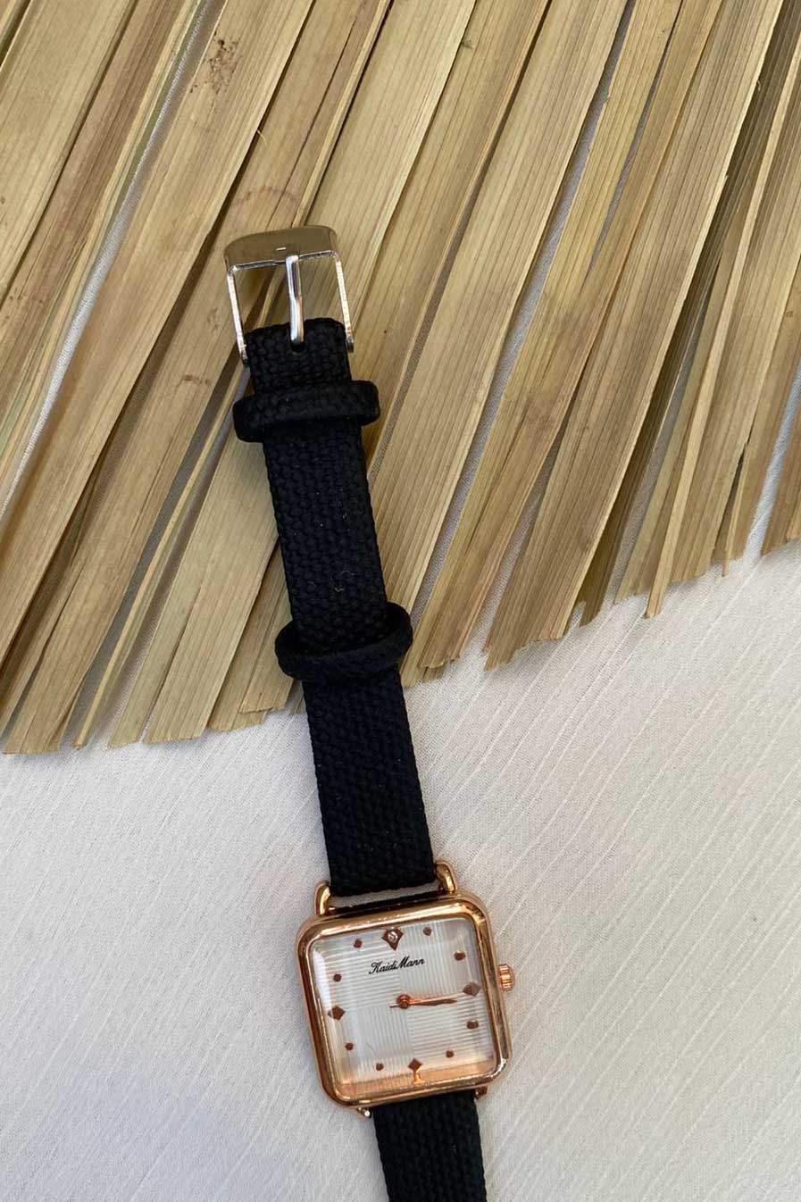 Elegant Rose Gold Square Watch with White Dial and Black Strap