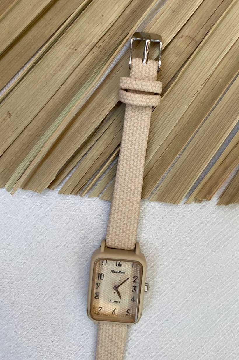 Elegant Beige Square Watch with Textured Strap