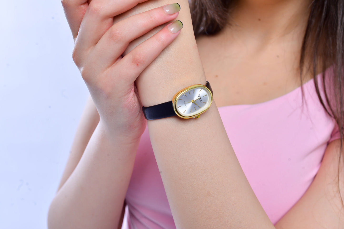 Chic Oval Dial Quartz Watch with Black Leather Strap