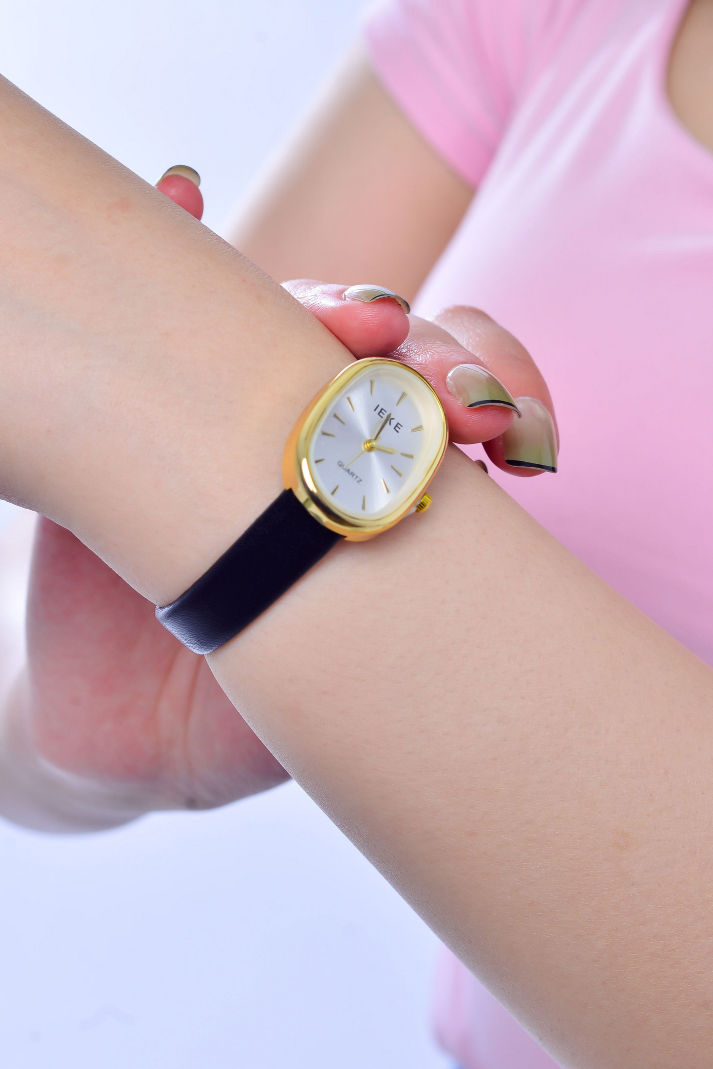 Chic Oval Dial Quartz Watch with Black Leather Strap