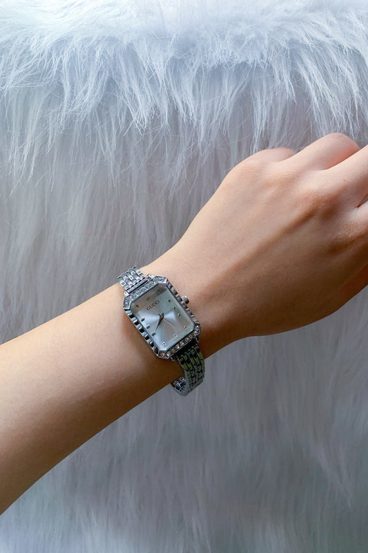 Elegant Silver-Tone Rectangle Watch with White Dial and Mesh Strap